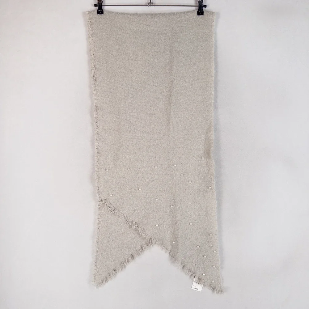 INC Womens Scarf One Size Light Gray Pearl Embellished Fringed Shawl NEW